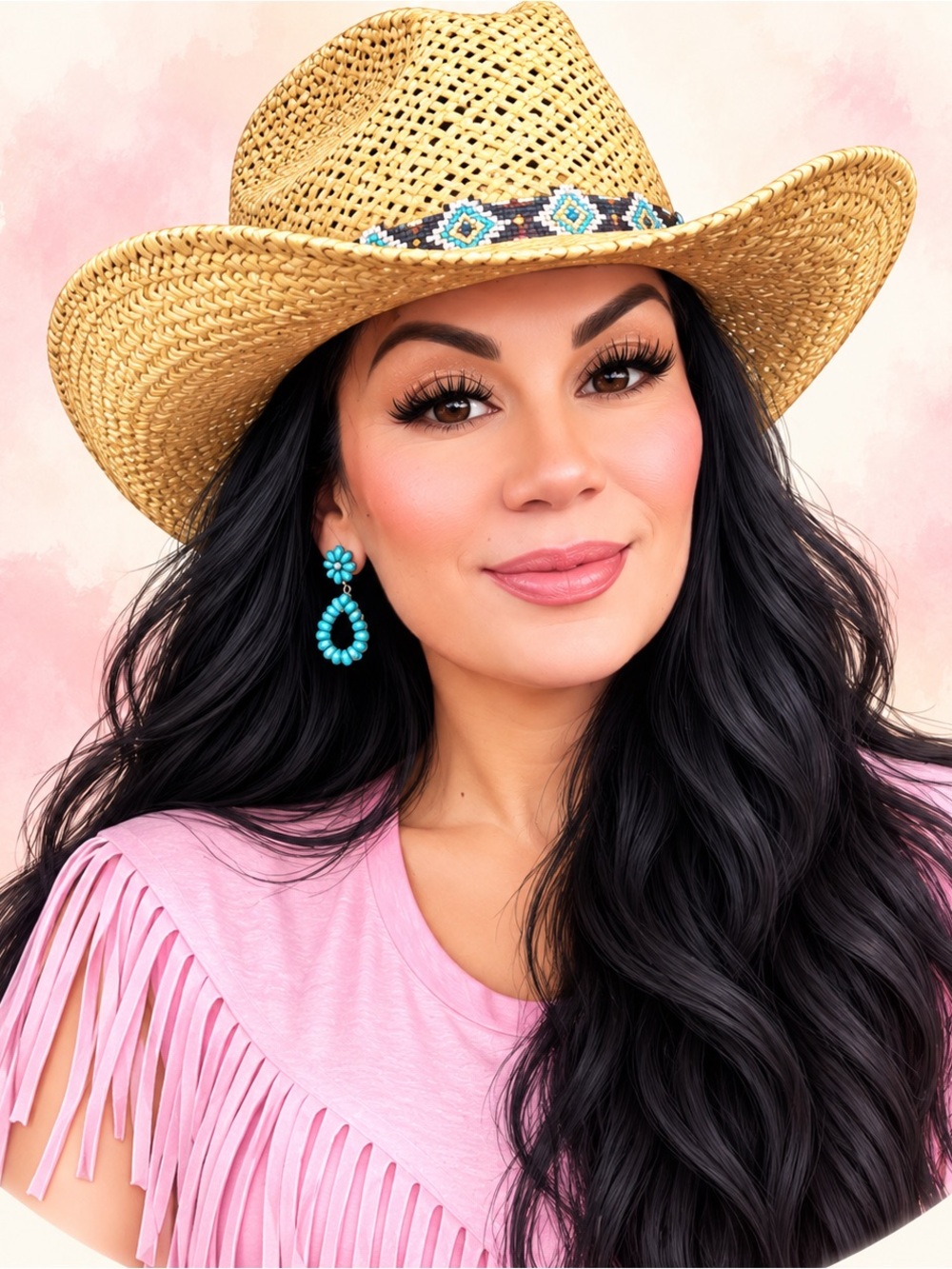Straw Western Hat with Turquoise Beaded Trim - Natural